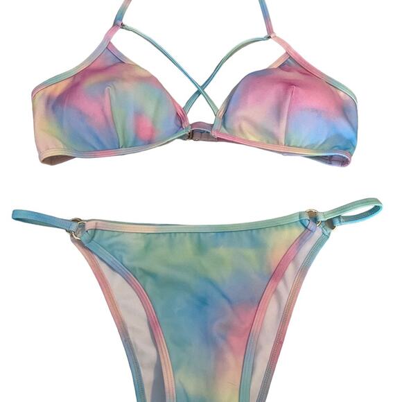 Plumeria Tye Dye 2 pc Bikini Pastel Blues Pinks Size Large Halter String Top NEW - Picture 12 of 14